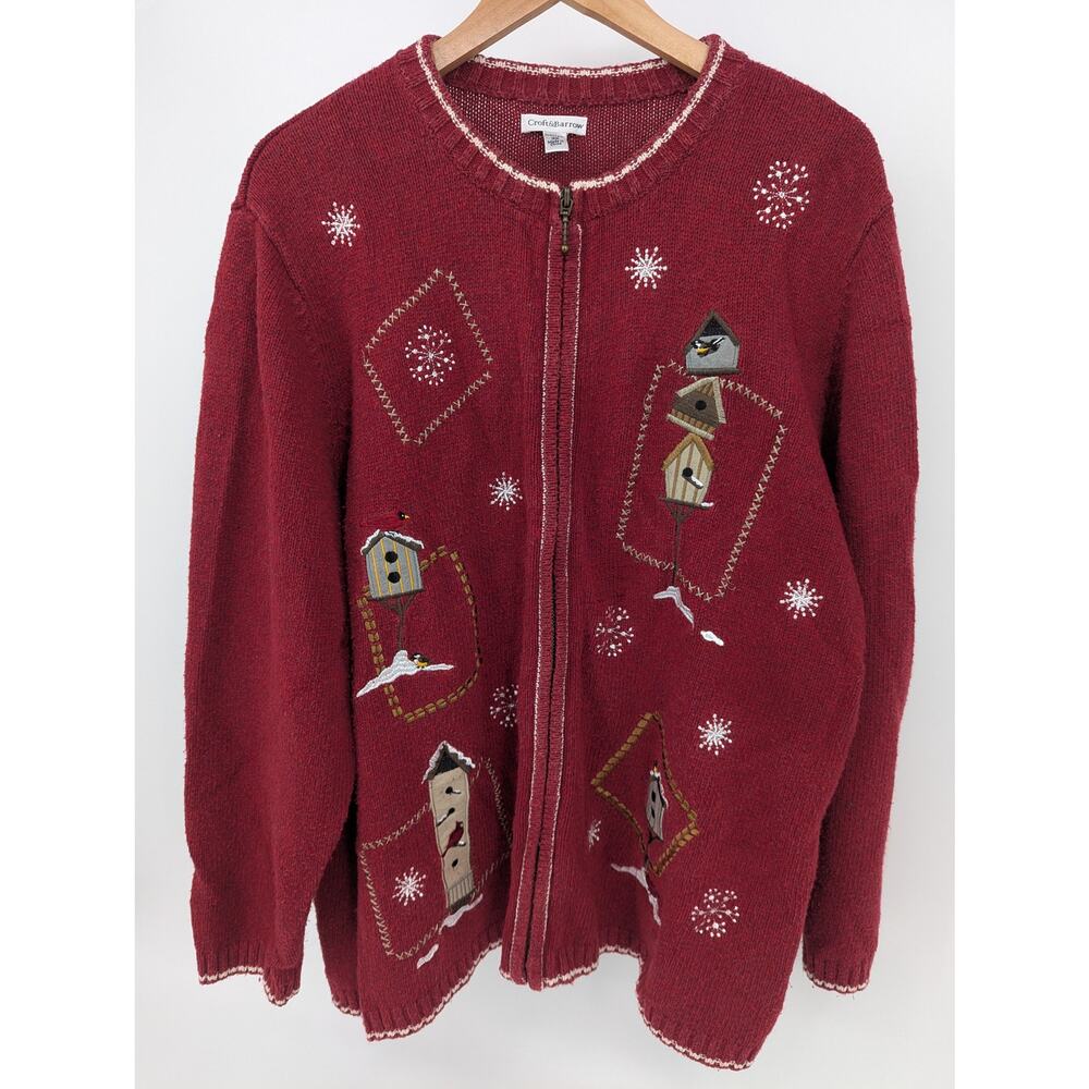 Vintage Croft & Barrow Winter Bird House Red Full Zip Sweater Size 3X